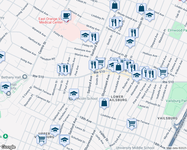 map of restaurants, bars, coffee shops, grocery stores, and more near in Newark