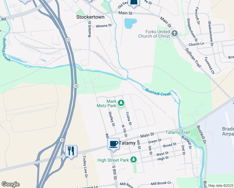 map of restaurants, bars, coffee shops, grocery stores, and more near 615 Chief Tatamy Street in Easton