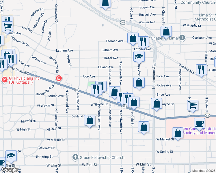 map of restaurants, bars, coffee shops, grocery stores, and more near 1440 Woodrow Dr in Lima