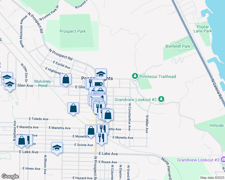 map of restaurants, bars, coffee shops, grocery stores, and more near 1320 East Glen Avenue in Peoria Heights