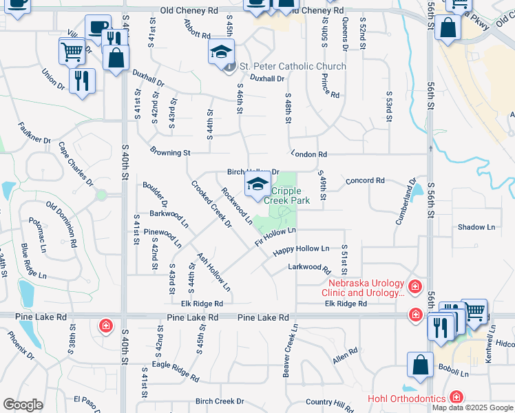 map of restaurants, bars, coffee shops, grocery stores, and more near 6720 Rockwood Lane in Lincoln