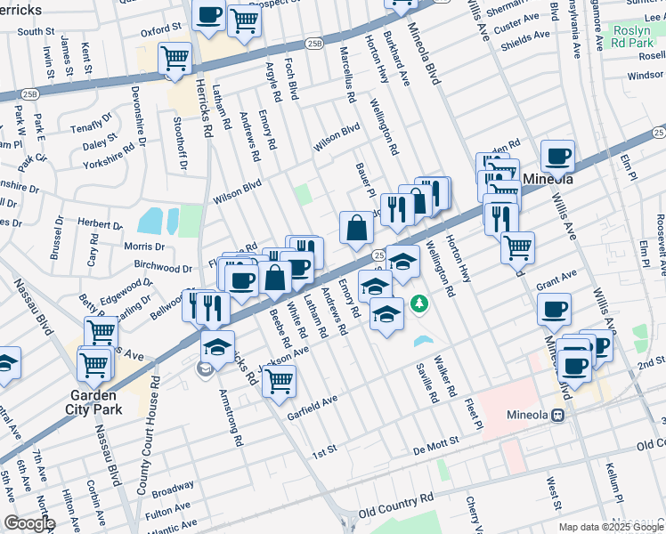 map of restaurants, bars, coffee shops, grocery stores, and more near 400 Jericho Turnpike in Mineola