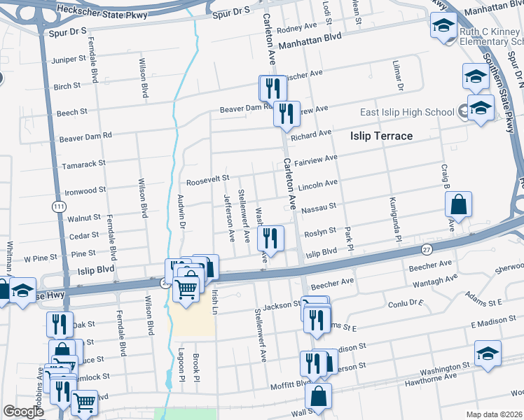 map of restaurants, bars, coffee shops, grocery stores, and more near 81 Washington Avenue in Islip Terrace