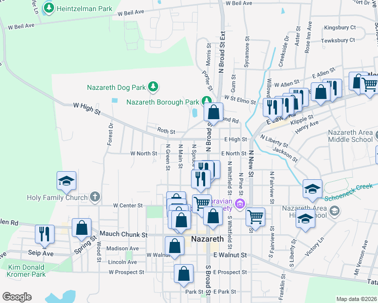 map of restaurants, bars, coffee shops, grocery stores, and more near 27 East North Street in Nazareth