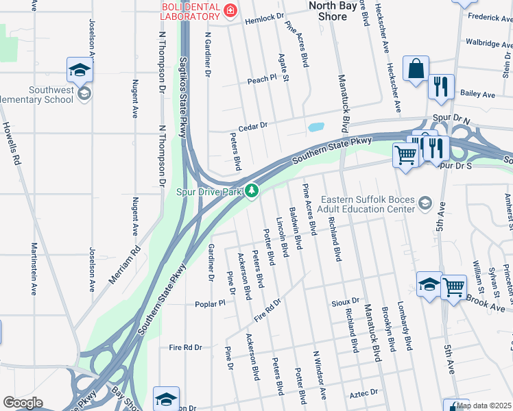 map of restaurants, bars, coffee shops, grocery stores, and more near 1466 Potter Boulevard in Bay Shore