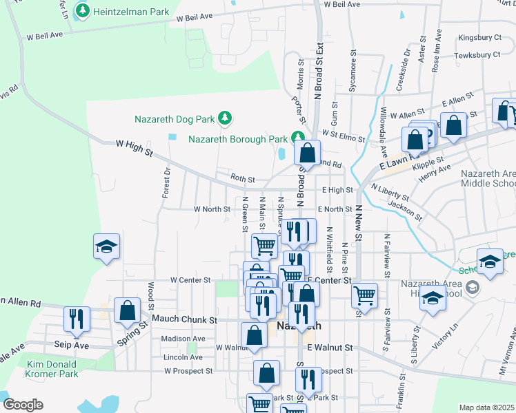 map of restaurants, bars, coffee shops, grocery stores, and more near 201 North Main Street in Nazareth