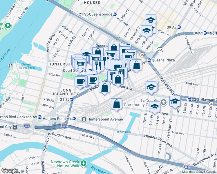 map of restaurants, bars, coffee shops, grocery stores, and more near 45-01 Court Square in Queens