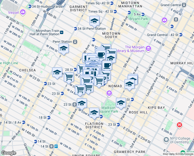 map of restaurants, bars, coffee shops, grocery stores, and more near 817 6th Avenue in New York