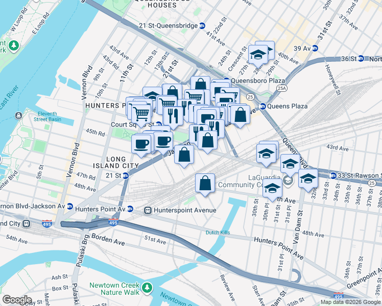 map of restaurants, bars, coffee shops, grocery stores, and more near 45-01 Court Square in Queens