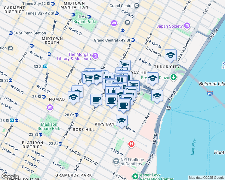map of restaurants, bars, coffee shops, grocery stores, and more near 150 East 34th Street in New York