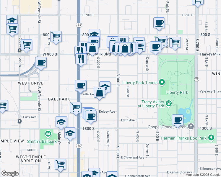 map of restaurants, bars, coffee shops, grocery stores, and more near 256 Herbert Avenue South in Salt Lake City