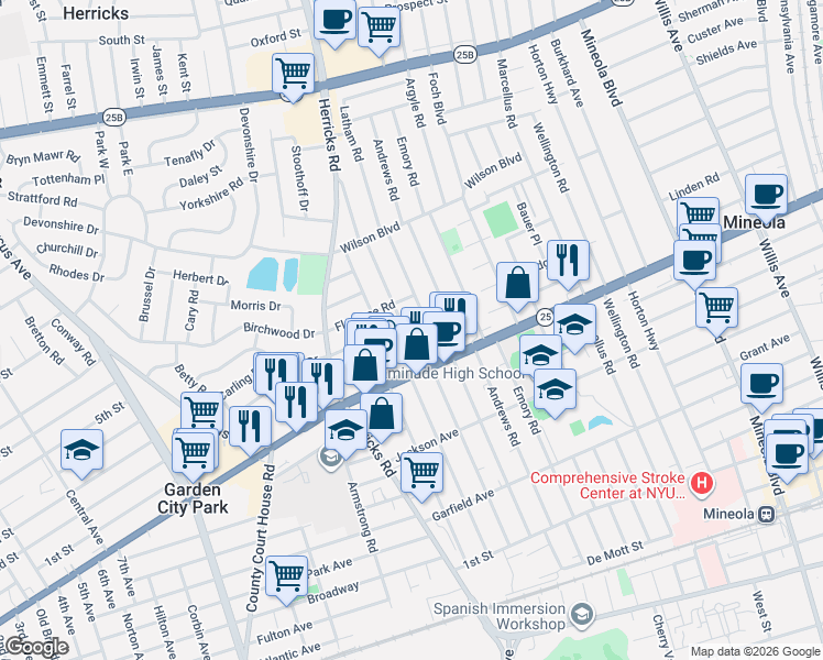map of restaurants, bars, coffee shops, grocery stores, and more near 310 White Road in Mineola