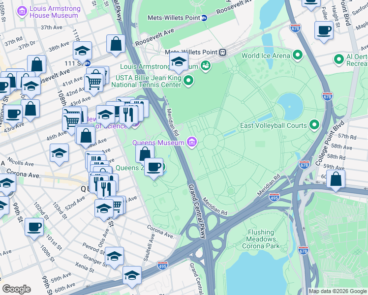 map of restaurants, bars, coffee shops, grocery stores, and more near Meridian Road in Queens
