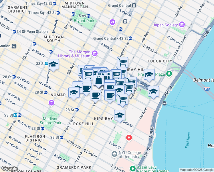 map of restaurants, bars, coffee shops, grocery stores, and more near 225 Lexington Avenue in New York