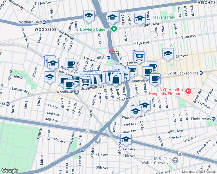 map of restaurants, bars, coffee shops, grocery stores, and more near 67-14 Roosevelt Avenue in Queens