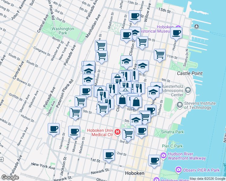 map of restaurants, bars, coffee shops, grocery stores, and more near 701 Grand Street in Hoboken