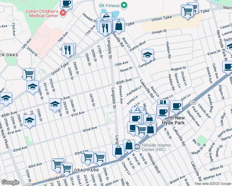 map of restaurants, bars, coffee shops, grocery stores, and more near 80-31 Langdale Street in Queens