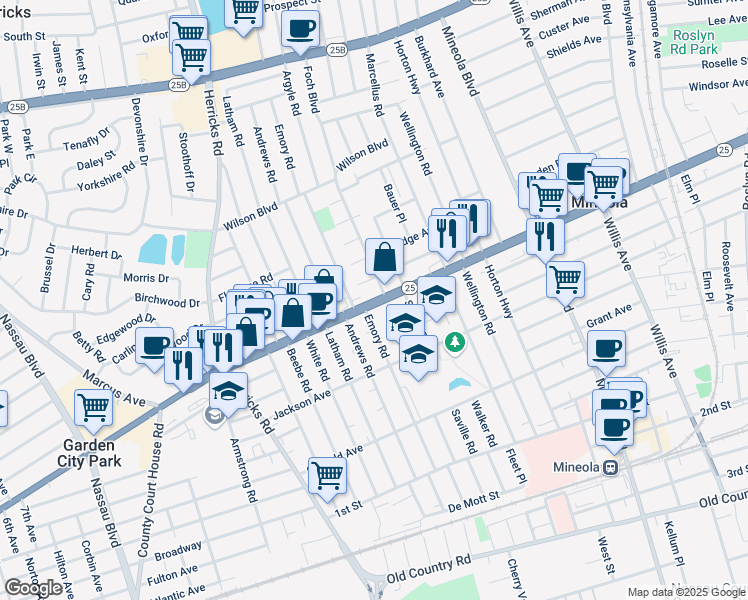 map of restaurants, bars, coffee shops, grocery stores, and more near 400 Jericho Turnpike in Mineola