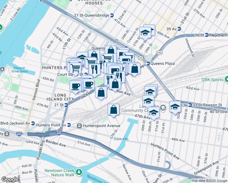 map of restaurants, bars, coffee shops, grocery stores, and more near in Queens