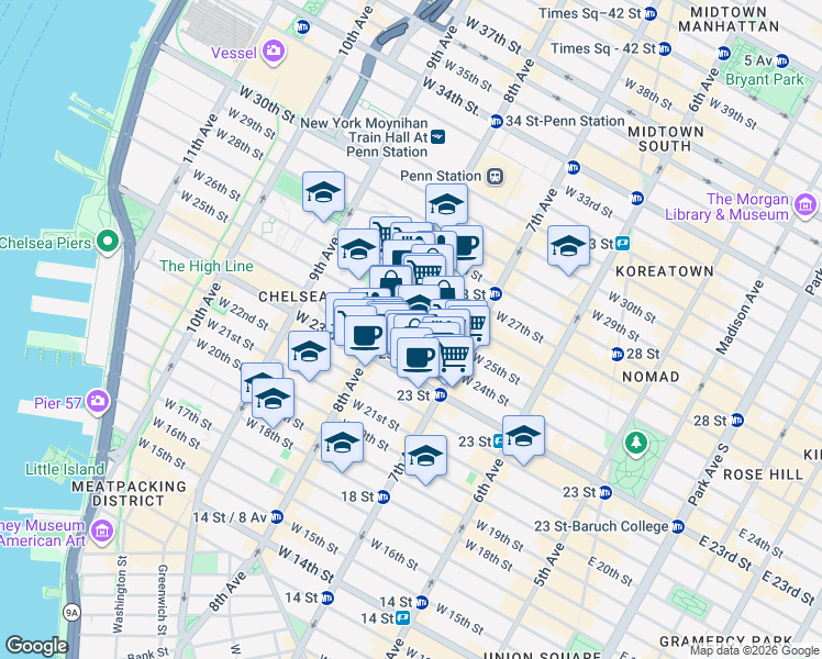 map of restaurants, bars, coffee shops, grocery stores, and more near 231 West 24th Street in New York