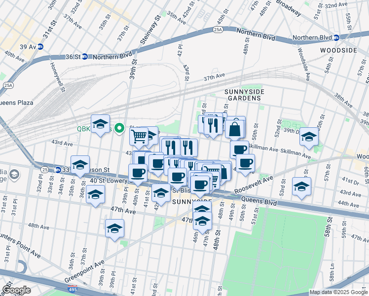 map of restaurants, bars, coffee shops, grocery stores, and more near 41-26 44th Street in Queens