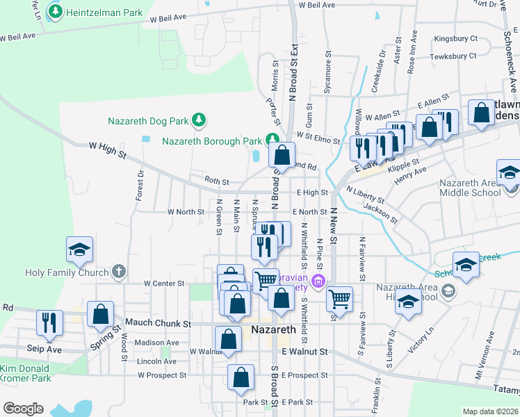 map of restaurants, bars, coffee shops, grocery stores, and more near 27 East North Street in Nazareth