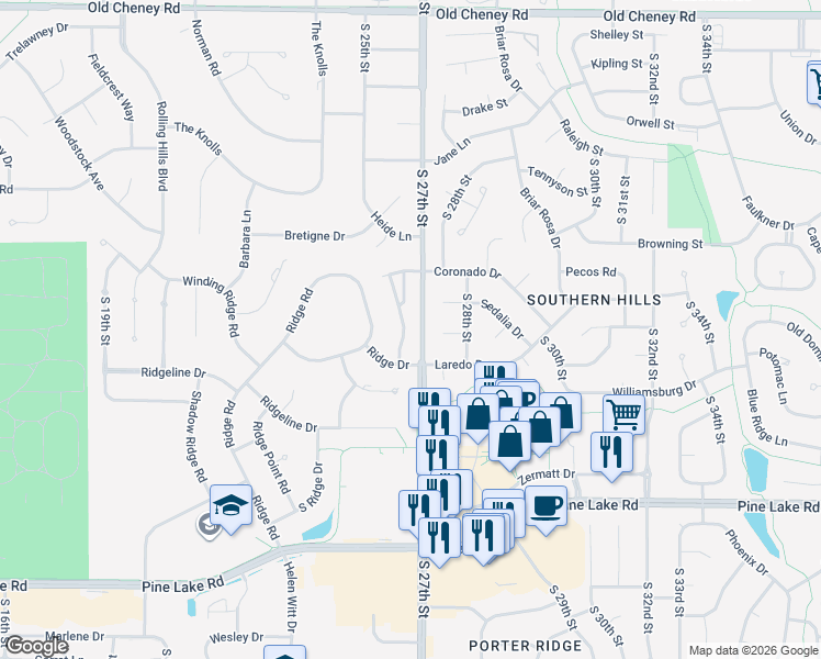 map of restaurants, bars, coffee shops, grocery stores, and more near 6438 Lone Tree Drive in Lincoln