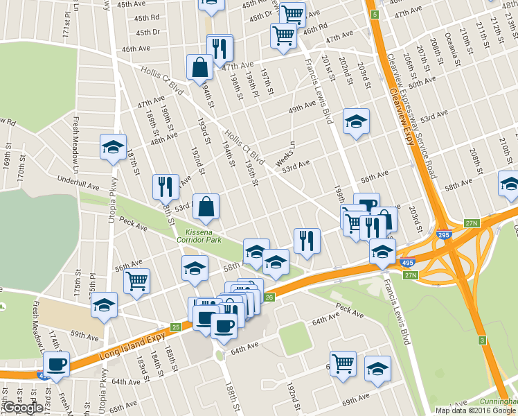 map of restaurants, bars, coffee shops, grocery stores, and more near 53-44 195th Street in Queens