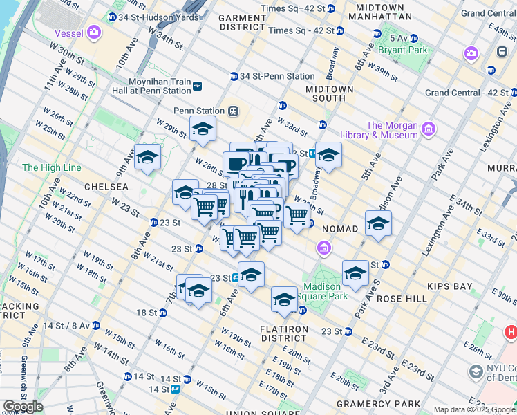 map of restaurants, bars, coffee shops, grocery stores, and more near 121 West 27th Street in New York