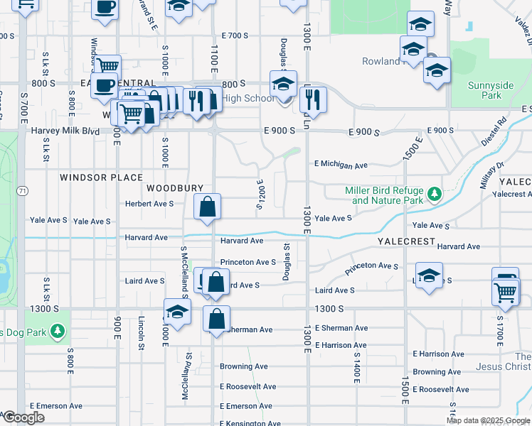 map of restaurants, bars, coffee shops, grocery stores, and more near 1205 Yale Avenue South in Salt Lake City