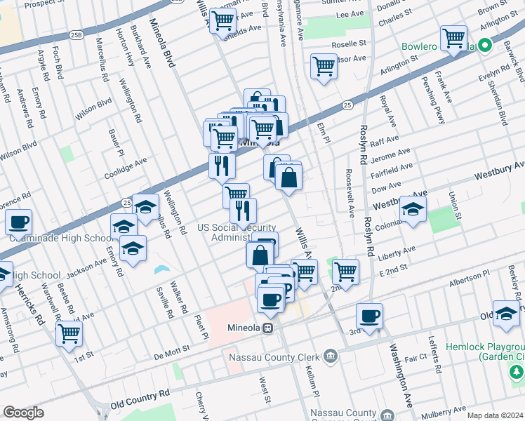 map of restaurants, bars, coffee shops, grocery stores, and more near 177 Lincoln Avenue in Mineola
