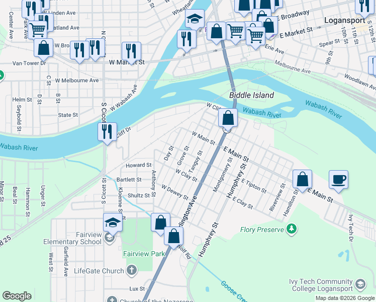 map of restaurants, bars, coffee shops, grocery stores, and more near 336 Grove Street in Logansport