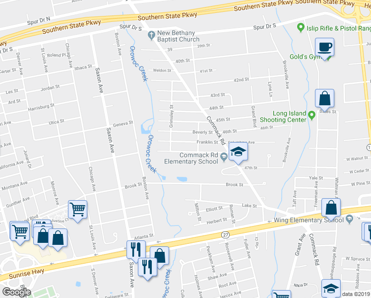 map of restaurants, bars, coffee shops, grocery stores, and more near 27 Richmond Street in Islip