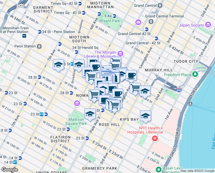 map of restaurants, bars, coffee shops, grocery stores, and more near 38 East 32nd Street in New York