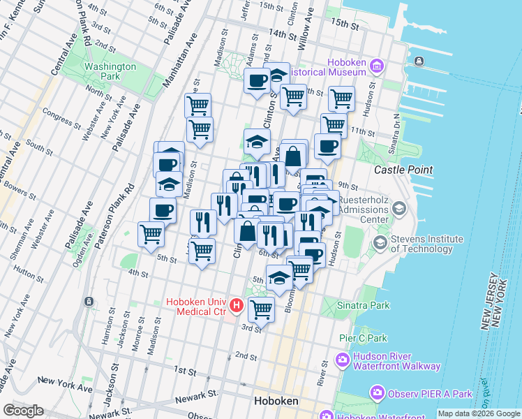 map of restaurants, bars, coffee shops, grocery stores, and more near 720 Willow Avenue in Hoboken