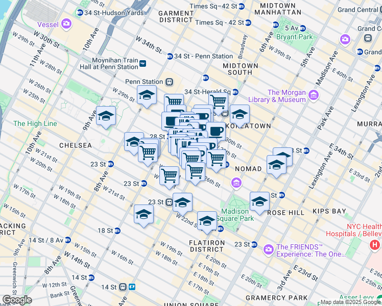 map of restaurants, bars, coffee shops, grocery stores, and more near 115 West 27th Street in New York