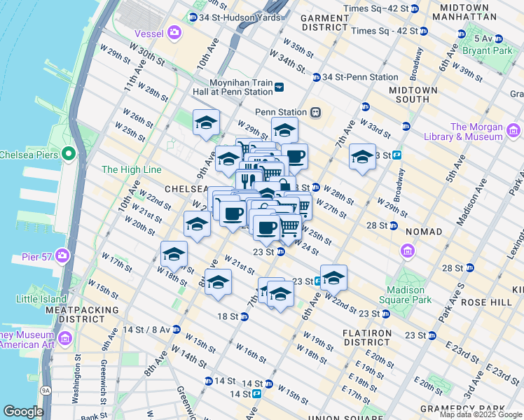 map of restaurants, bars, coffee shops, grocery stores, and more near 231 West 24th Street in New York