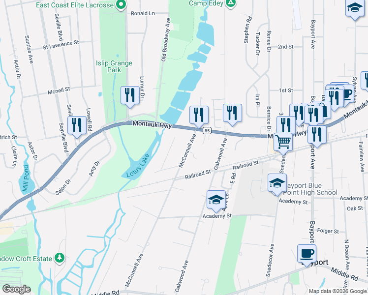 map of restaurants, bars, coffee shops, grocery stores, and more near 354 McConnell Avenue in Bayport