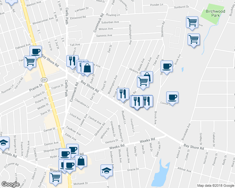map of restaurants, bars, coffee shops, grocery stores, and more near 17 Scott Avenue in Deer Park