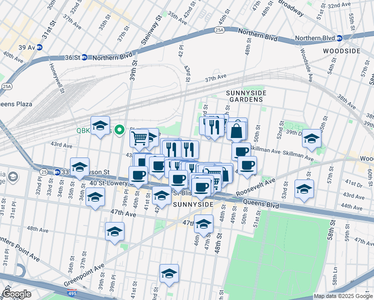map of restaurants, bars, coffee shops, grocery stores, and more near 41-26 44th Street in Queens