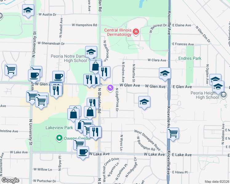 map of restaurants, bars, coffee shops, grocery stores, and more near 4813 North Edgebrook Drive in Peoria