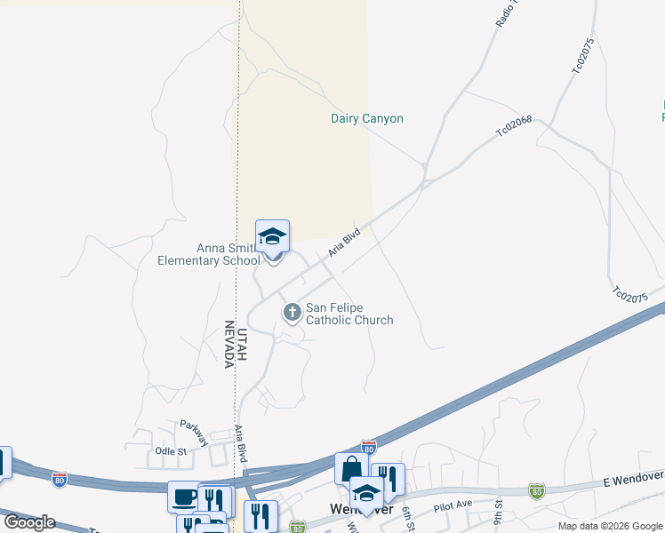 map of restaurants, bars, coffee shops, grocery stores, and more near 566 Vista Drive in Wendover