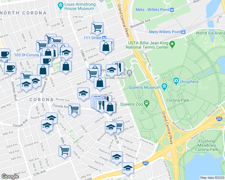 map of restaurants, bars, coffee shops, grocery stores, and more near 108-53 49th Avenue in Queens