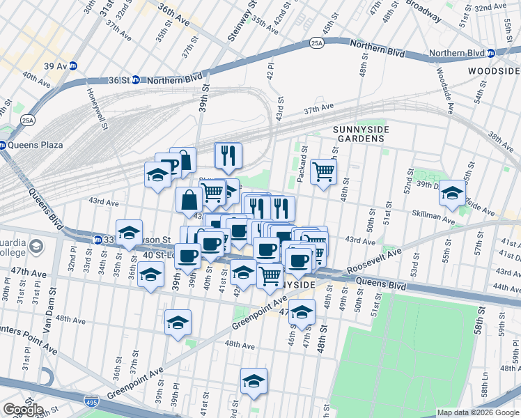 map of restaurants, bars, coffee shops, grocery stores, and more near 41-30 43rd Street in Queens