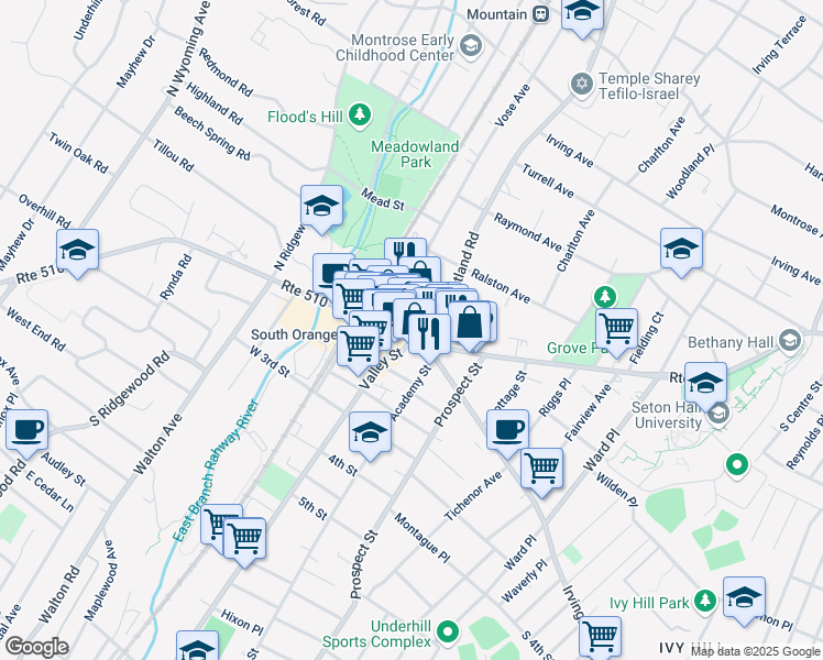 map of restaurants, bars, coffee shops, grocery stores, and more near in South Orange Village