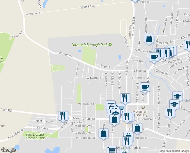 map of restaurants, bars, coffee shops, grocery stores, and more near 220 West North Street in Nazareth