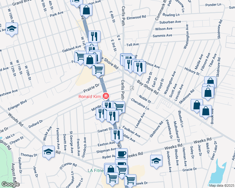 map of restaurants, bars, coffee shops, grocery stores, and more near 536 Beech Street in North Babylon