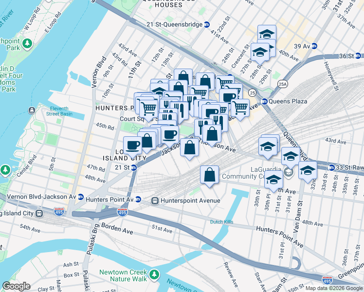 map of restaurants, bars, coffee shops, grocery stores, and more near 24-10 Jackson Avenue in Queens