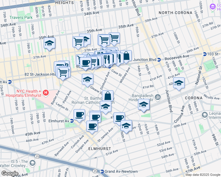 map of restaurants, bars, coffee shops, grocery stores, and more near 41-81 Forley Street in Queens