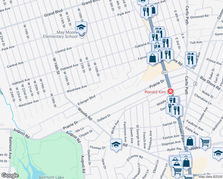 map of restaurants, bars, coffee shops, grocery stores, and more near 92 Erlanger Boulevard in North Babylon